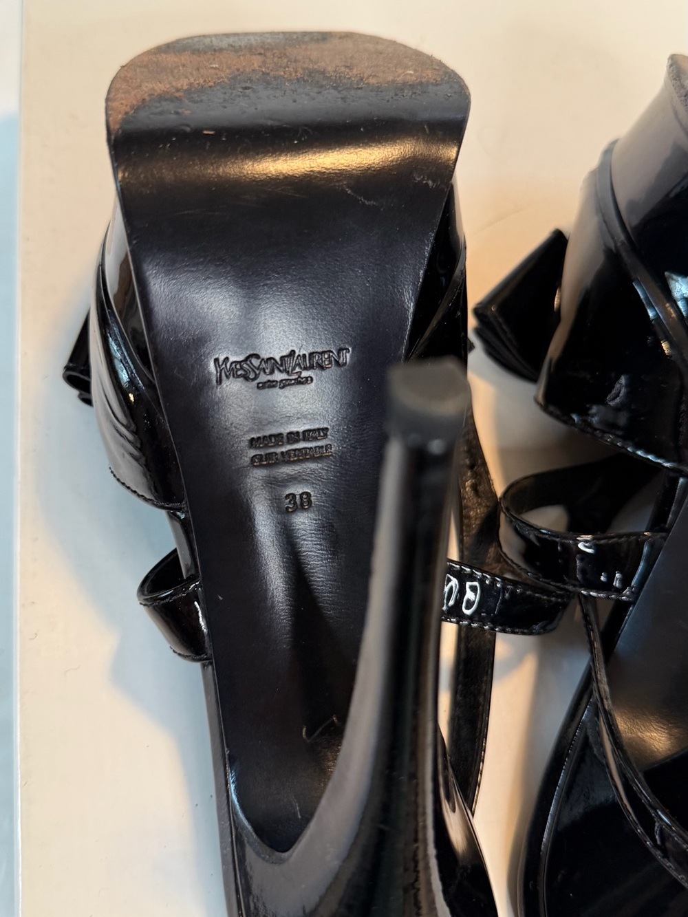 Saint Laurent Black Patent Leather Bow Strappy High Heels - Picture 9 of 10
